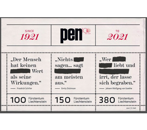 100 Jahre PEN International - Friedrich Schiller CHF 1.00/ Emily Dickinson CHF 1.50/ Johann Wolfgang von Goethe CHF 3.80  - Liechtenstein 2021