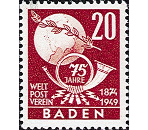 75 years world post association  - Germany / Western occupation zones / Baden 1949 - 20 Pfennig