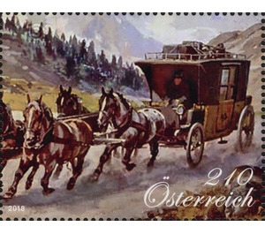 Four-horse-drawn passenger coach on the Tauern mountain road  - Austria / II. Republic of Austria 2018 - 210 Euro Cent