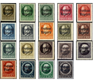 King Ludwig III, "Freistaat" overprint - Germany / Old German States / Bavaria 1919 Set