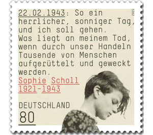 Sophie Scholl, Resistance Leader, Birth Centenary - Germany 2021 - 80