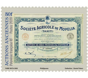 Stock Certificate for Mopelia Agricultural Company - Polynesia / French Polynesia 2020 - 80