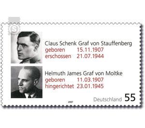 Upright Democrats: 100th birthday of Claus Schenk Graf von Stauffenberg and Helmuth James Graf von Moltke  - Germany / Federal Republic of Germany 2007 - 55 Euro Cent