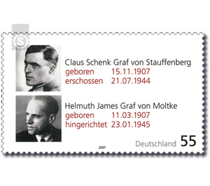 Upright Democrats: 100th birthday of Claus Schenk Graf von Stauffenberg and Helmuth James Graf von Moltke  - Germany / Federal Republic of Germany 2007 - 55 Euro Cent
